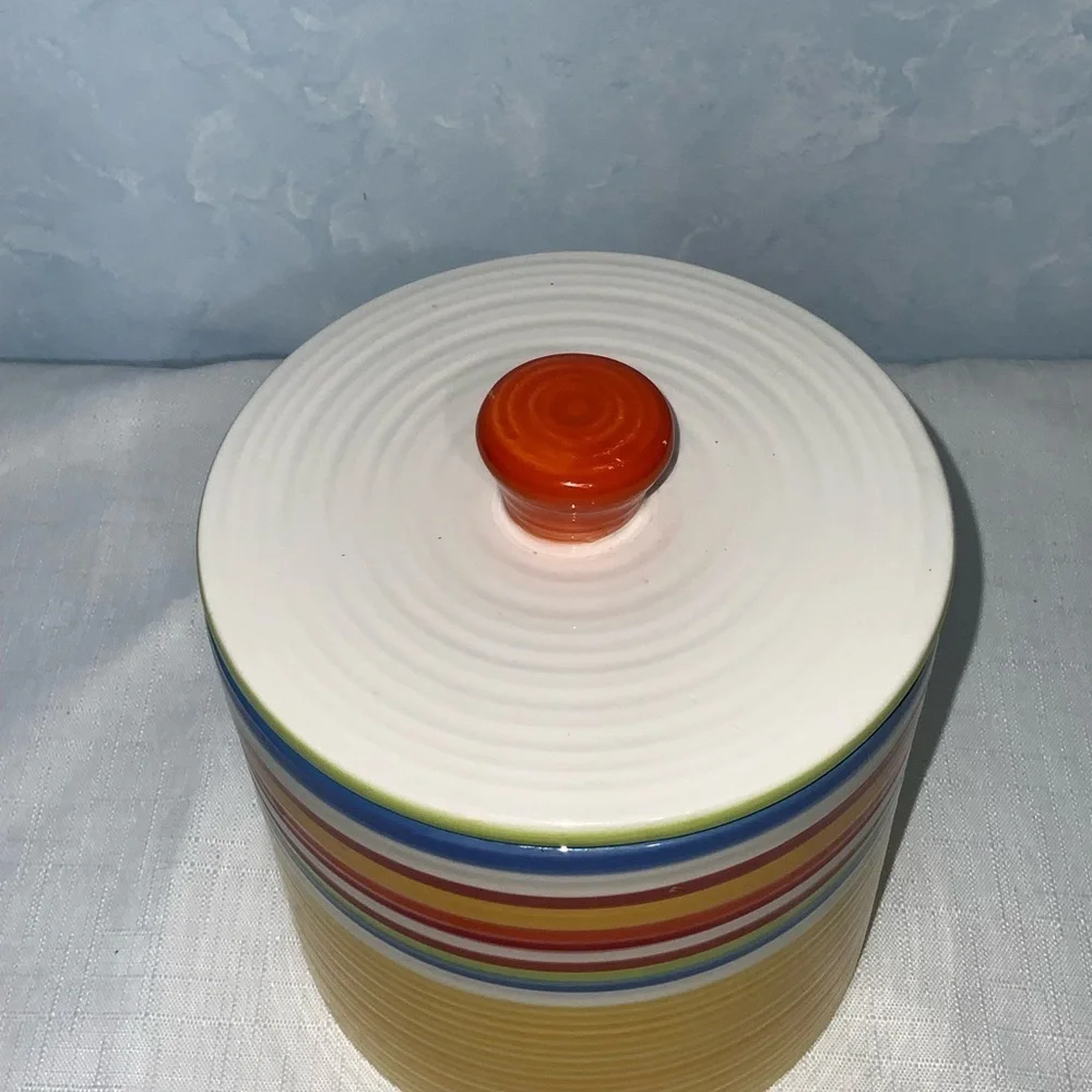 Clay Art “Calypso” Hand Painted Yellow Multicolor Stripes Stone Lite Canister 5”